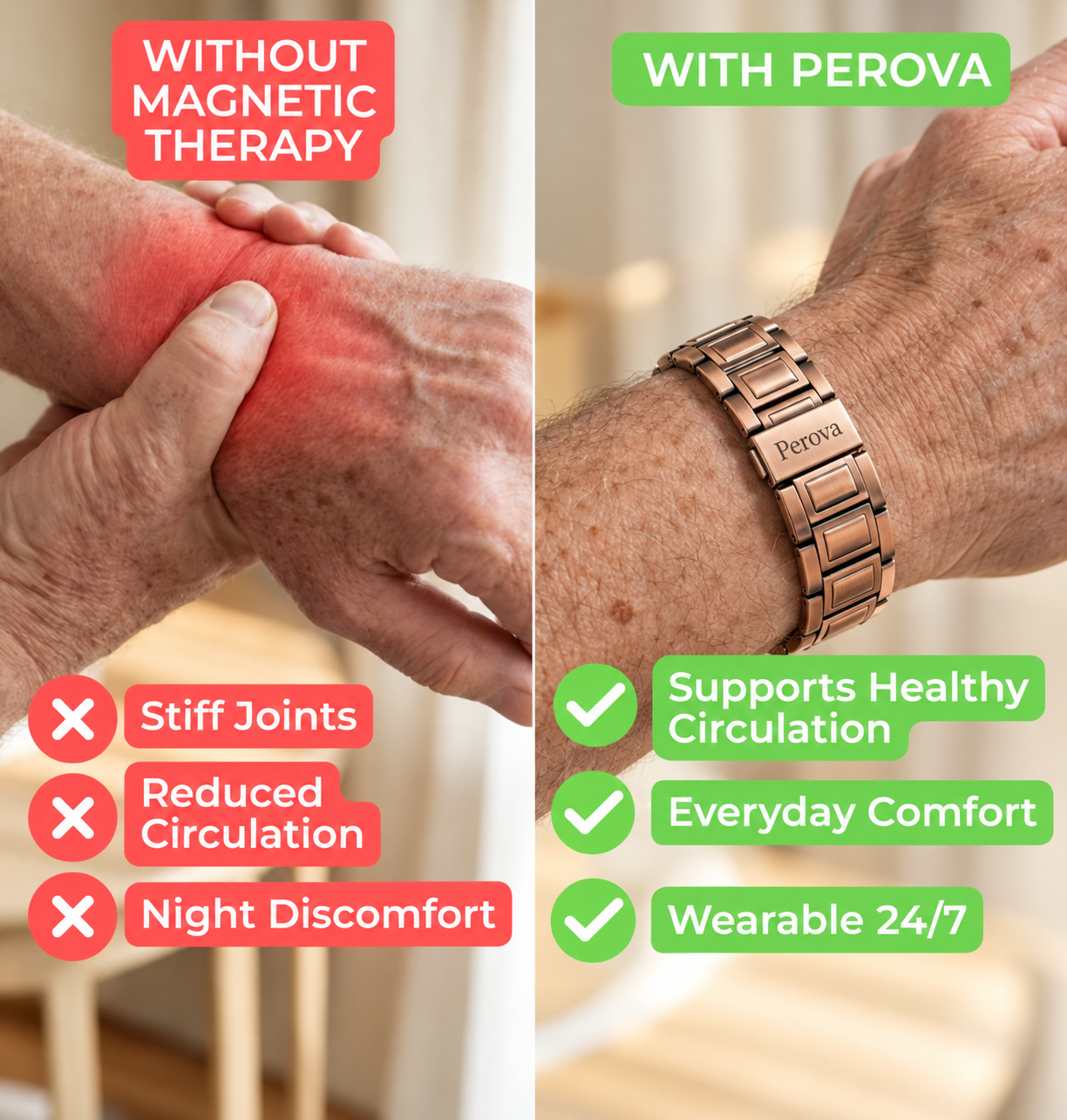Perova copper bracelet on an older adult wrist